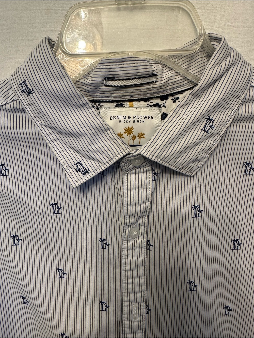 Denim & Flower Ricky Singh Button Down Shirt Men’s Large Palm Tree Blue White
